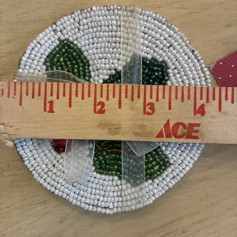 All Over Beaded Christmas Holly Berry Coasters Set of 4 Green Red White 4.5”